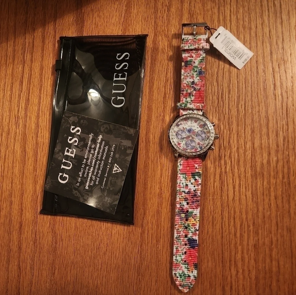 NWT Guess Pink Floral Silver Rhinestone Studded Watch